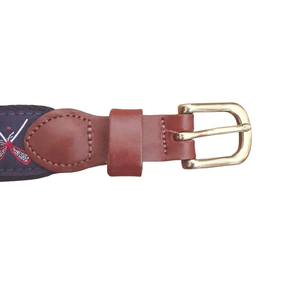 Leather Man Embroidered Lacrosse Belt Brass Buckle Leather Trim Navy Size 30